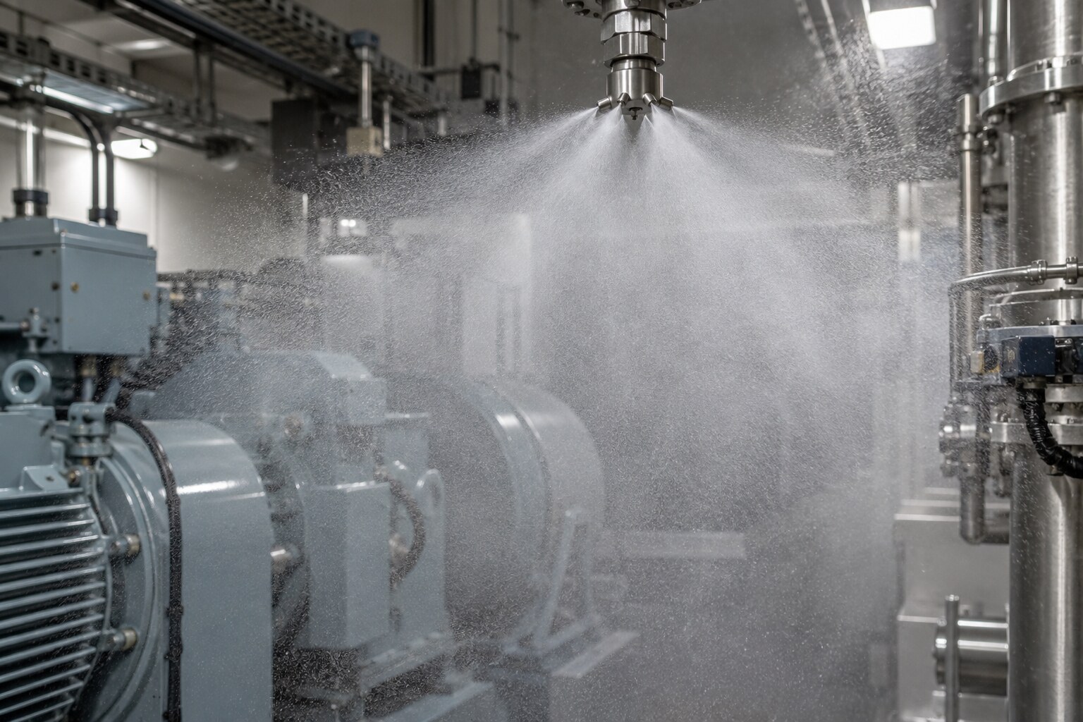 Ugello water mist che produce goccioline finissime in un locale con macchinari
