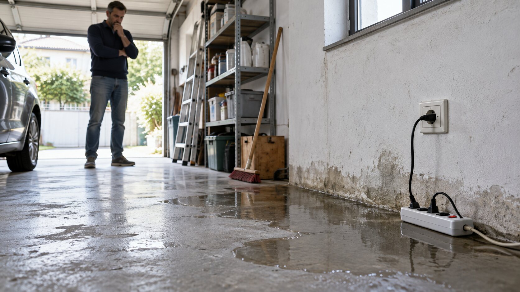 Presa e multipresa vicine a un pavimento bagnato in un garage
