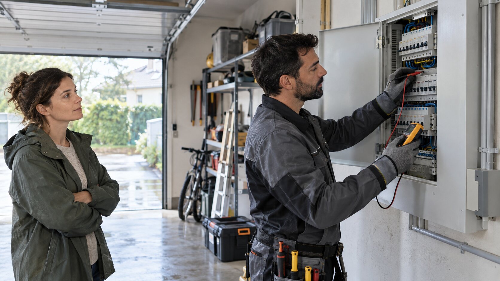 Elettricista che controlla un quadro elettrico domestico dopo un temporale