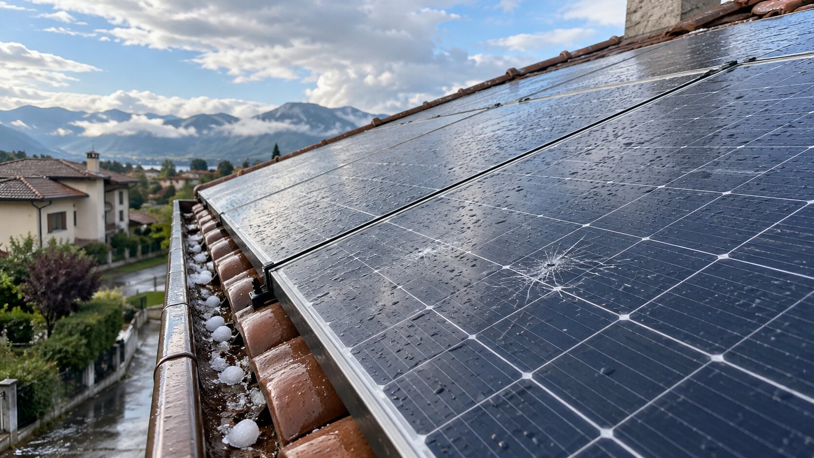 Pannelli fotovoltaici bagnati con un lieve danno dopo una grandinata