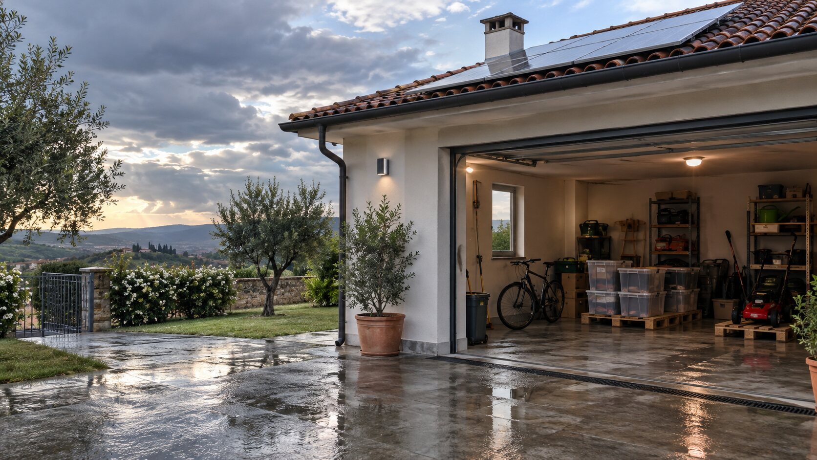 Garage di una casa italiana dopo un temporale, con il pavimento bagnato e pannelli fotovoltaici sul tetto