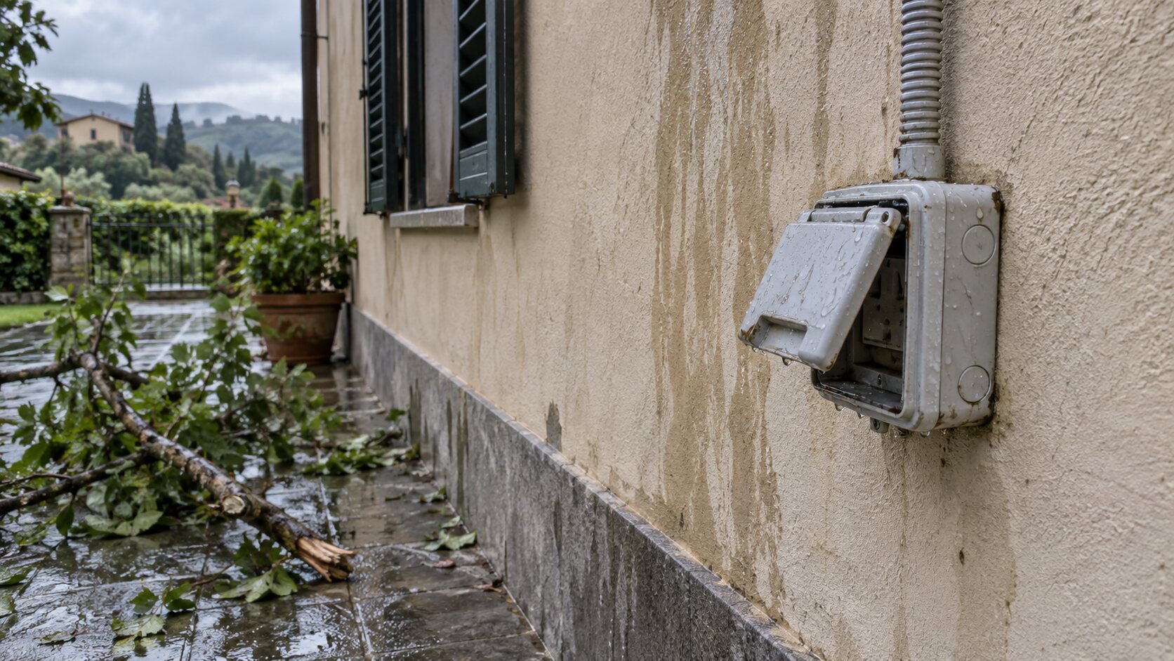 Scatola elettrica esterna danneggiata lievemente da vento e pioggia