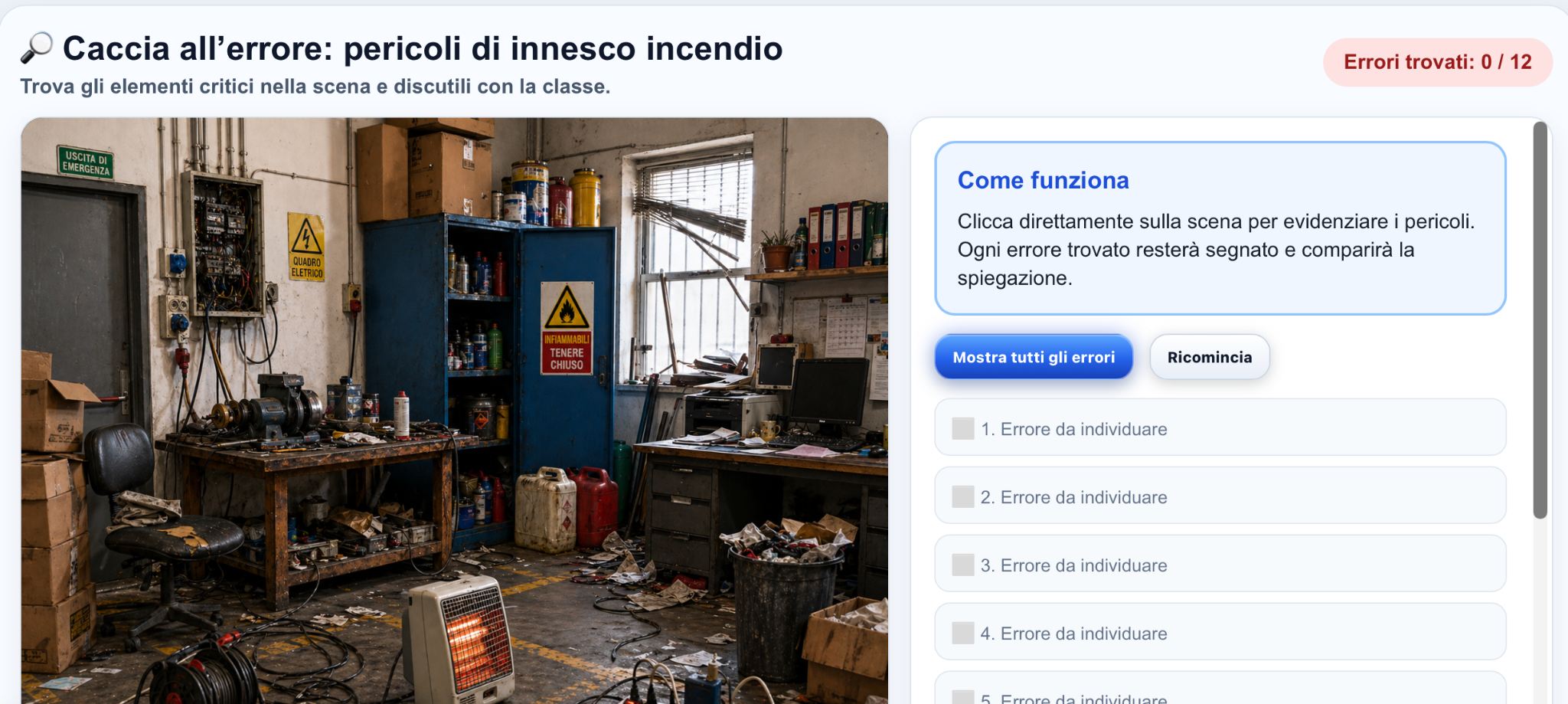 Attività didattica di caccia agli errori e ai pericoli di innesco