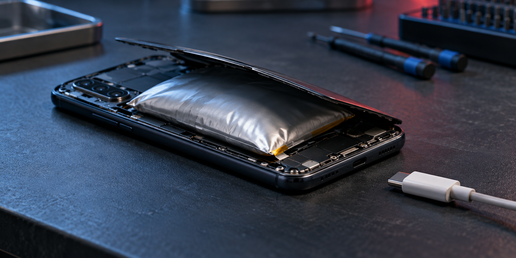 Telefono con batteria al litio gonfia e cavo di ricarica scollegato