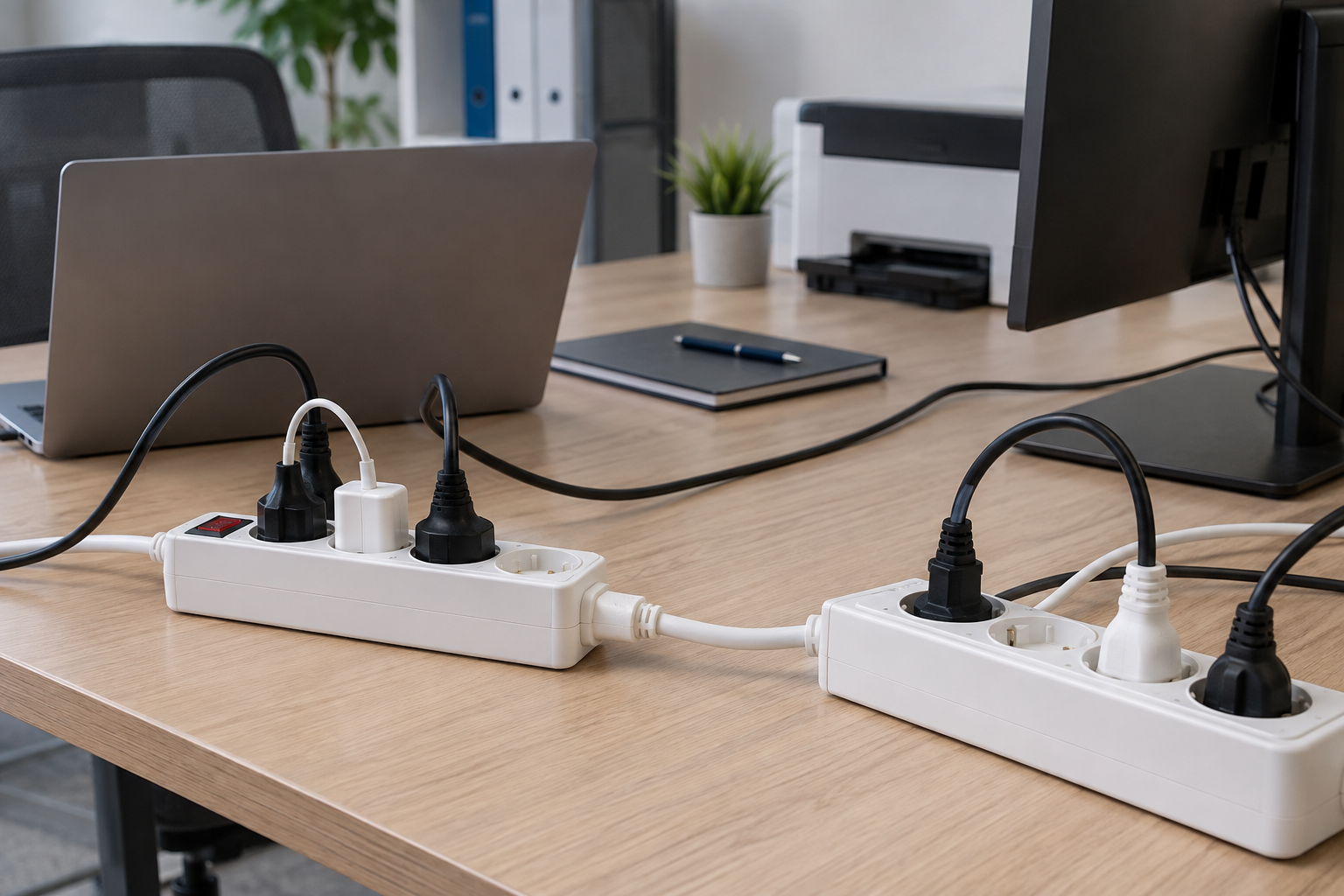 Due multiprese elettriche collegate in cascata su una scrivania da ufficio