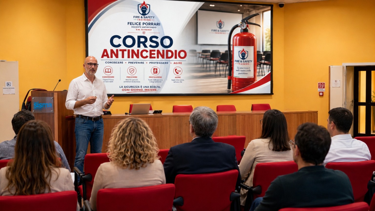 Felice Porrari durante una docenza antincendio in aula